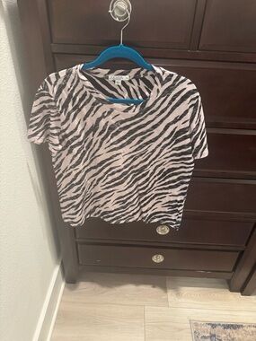 Anthropologie Pink and Black Zebra-Stripe Short Sleeve Tee